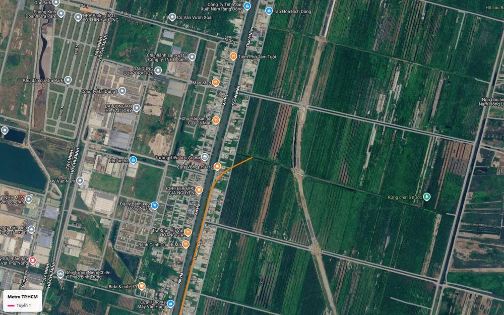 Điểm khởi đầu phía tây của tuyến metro số 1 TP.HCM giữa khu dân cư An Hạ, huyện Bình Chánh trên nền ảnh vệ tinh