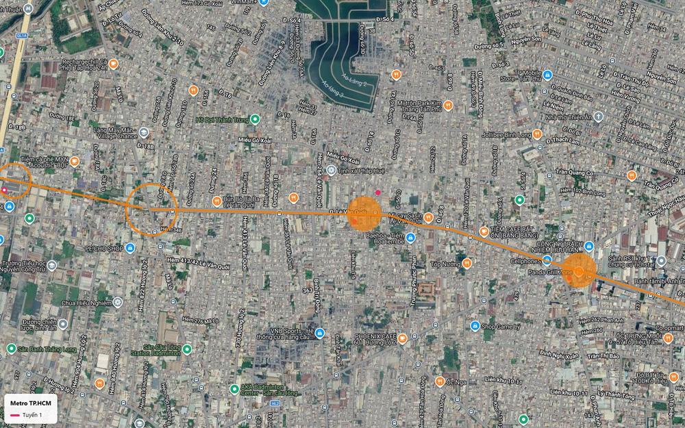 Hai vùng ga ngầm tô cam của tuyến metro số 1 trên trục Lê Văn Quới, phía đông tiếp cận chung cư Richstar