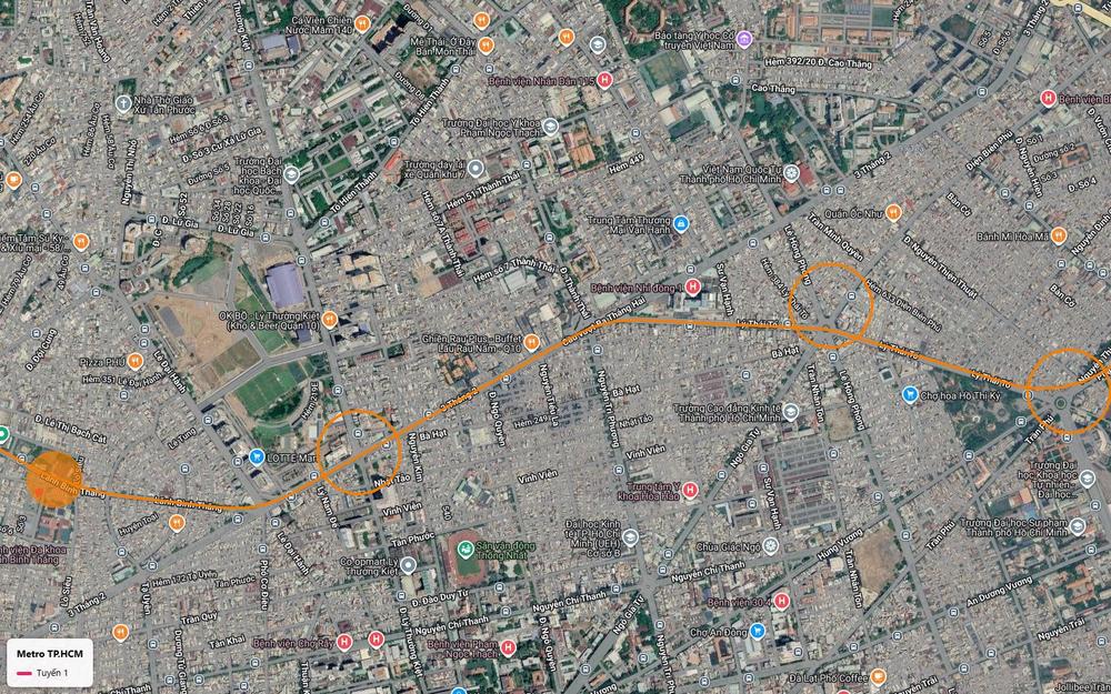 Hướng tuyến metro số 1 theo hành lang Lý Thái Tổ qua lõi quận 10, gần Việt Nam Quốc Tự và Vạn Hạnh Mall