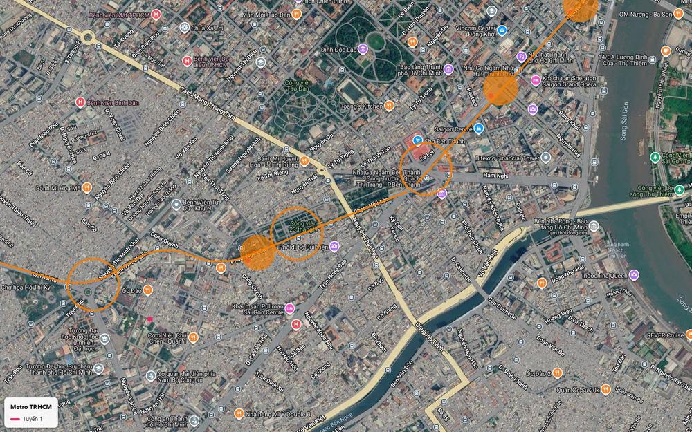 Ga ngầm Bến Thành của tuyến metro số 1 tại công trường Quách Thị Trang và ga Nhà hát Thành phố trên trục Lê Lợi