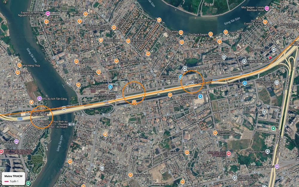 Đoạn tuyến metro số 1 giữa Thảo Điền và An Phú dọc Xa lộ Hà Nội, gần Vincom Mega Mall và Estella Place