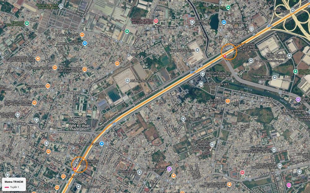 Ga Khu Công nghệ cao trên tuyến metro số 1 bên Xa lộ Hà Nội, giữa các nhà máy Coca-Cola, Nidec và OneHub Saigon