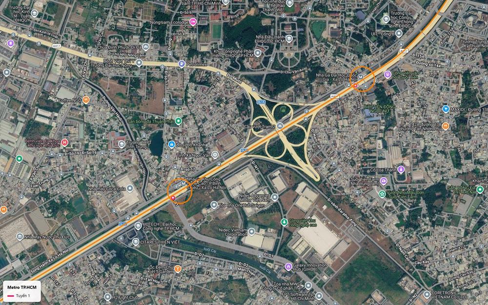 Tuyến metro số 1 vượt nút giao hoa thị Trạm 2 để tới ga Đại học Quốc gia cạnh công viên văn hóa Suối Tiên