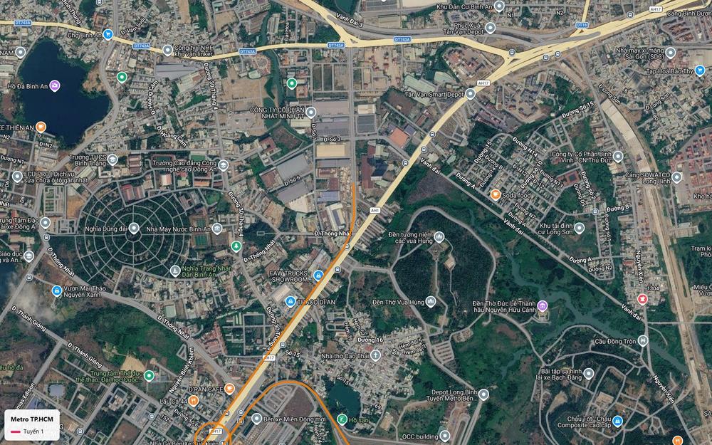 Đoạn tuyến metro số 1 chuyển tiếp qua khu Dĩ An hướng Tân Vạn, gần nút giao Vành Đai 3 và cảng Bình Dương