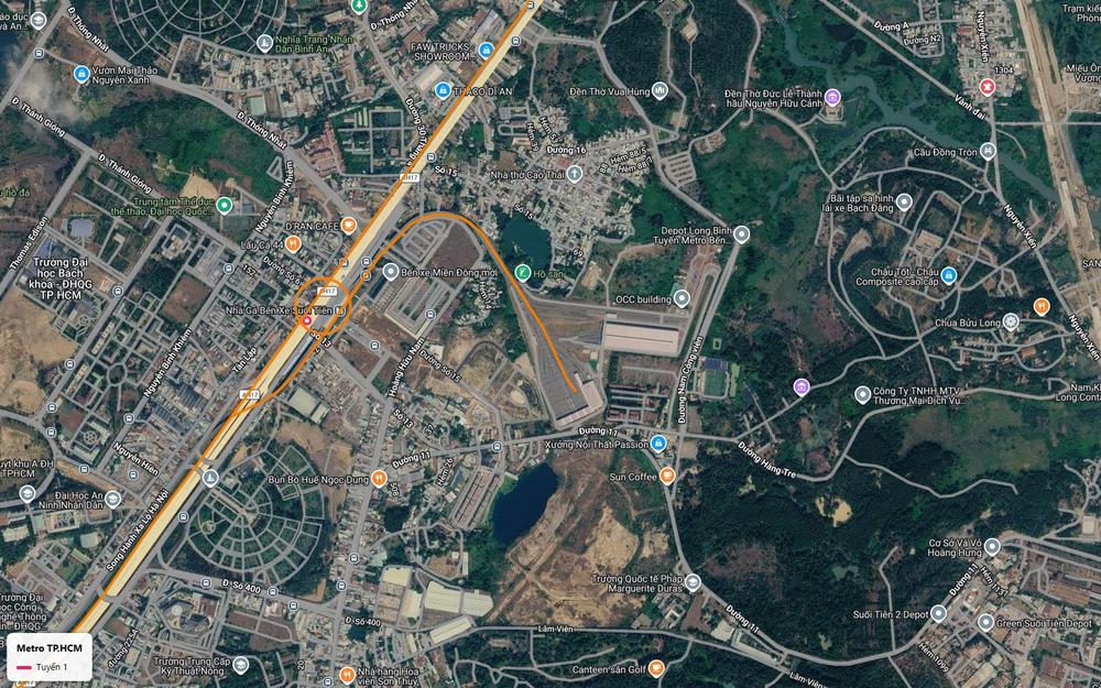 Nhánh rẽ chữ U của tuyến metro số 1 từ ga Bến xe Suối Tiên dẫn vào các làn ray của depot Long Bình