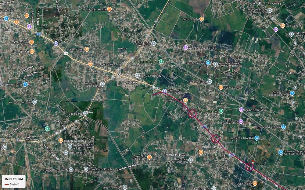 Điểm mở đầu lộ trình tuyến metro số 2 TP.HCM tại xã Thái Mỹ, Củ Chi, vạch tuyến bám Quốc lộ 22 gần cầu Kênh Đông