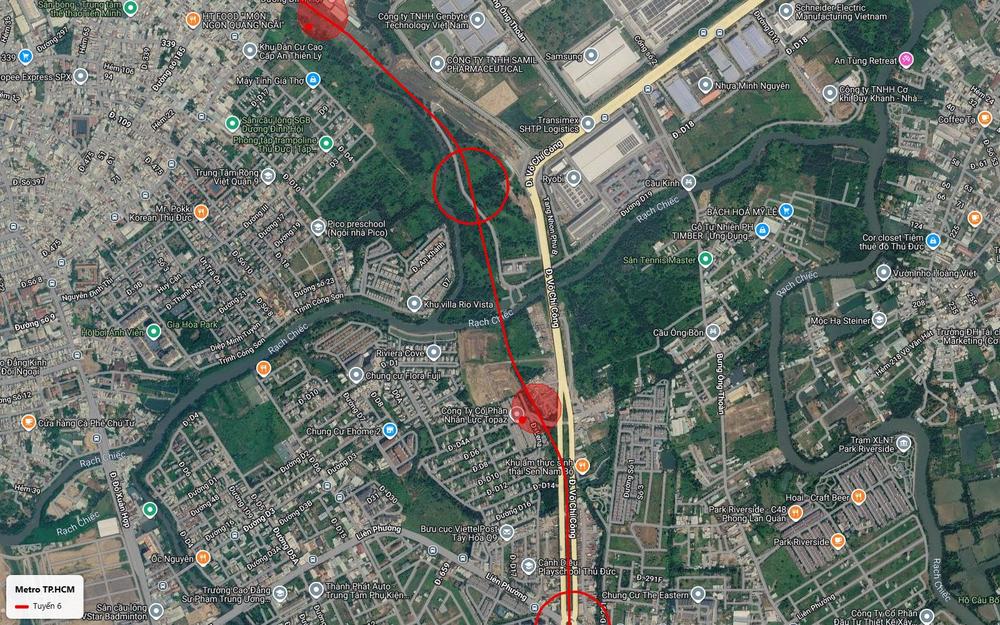 Tuyến metro số 6 kẹp giữa rạch Chiếc và đại lộ Võ Chí Công đoạn Phước Long về Phú Hữu Thủ Đức