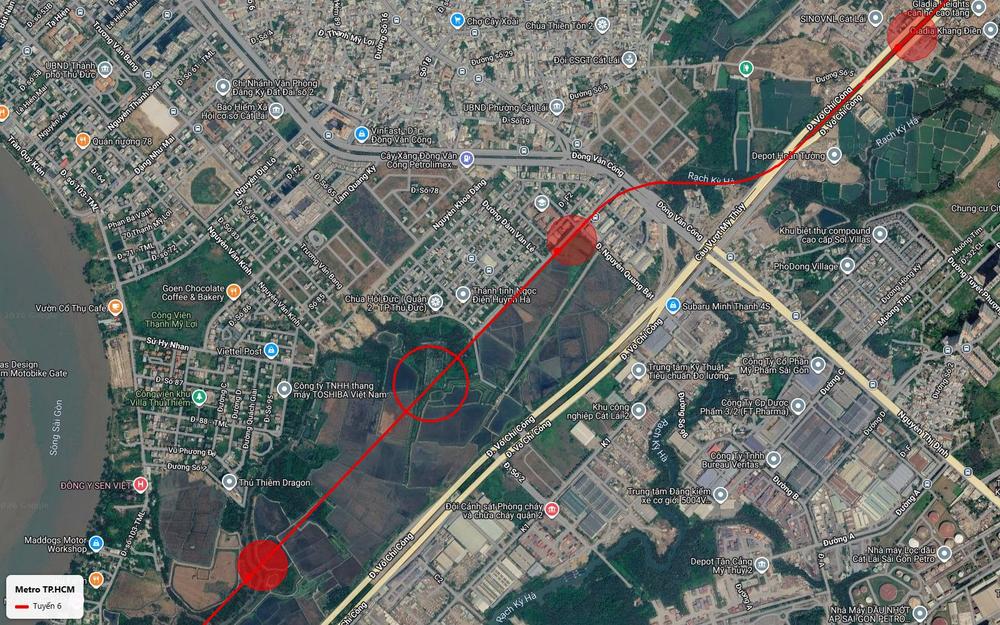 Tuyến metro số 6 cắt trục Đồng Văn Cống phường Cát Lái gần cầu vượt Mỹ Thủy và khu công nghiệp Cát Lái 2