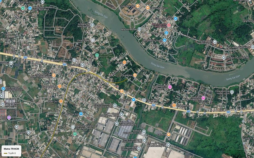 Ảnh vệ tinh điểm đầu tuyến metro số 8 khu Hòa Phú Bình Mỹ Củ Chi ven sông Sài Gòn và Tỉnh lộ 8