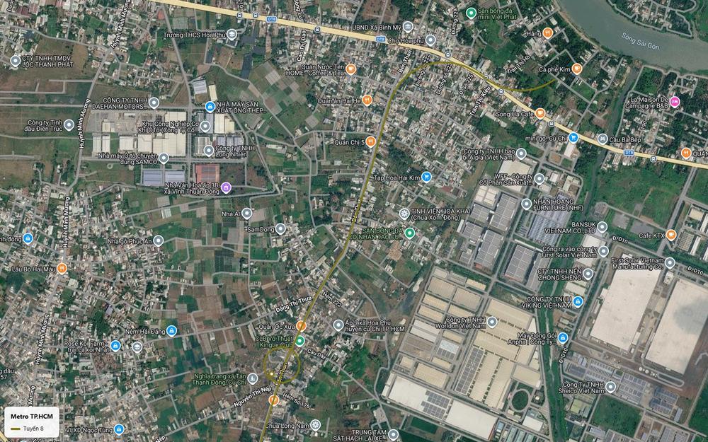 Ảnh vệ tinh tuyến metro số 8 dọc đường Bến Than qua khu công nghiệp cơ khí ô tô SAMCO Daehan Motors Củ Chi