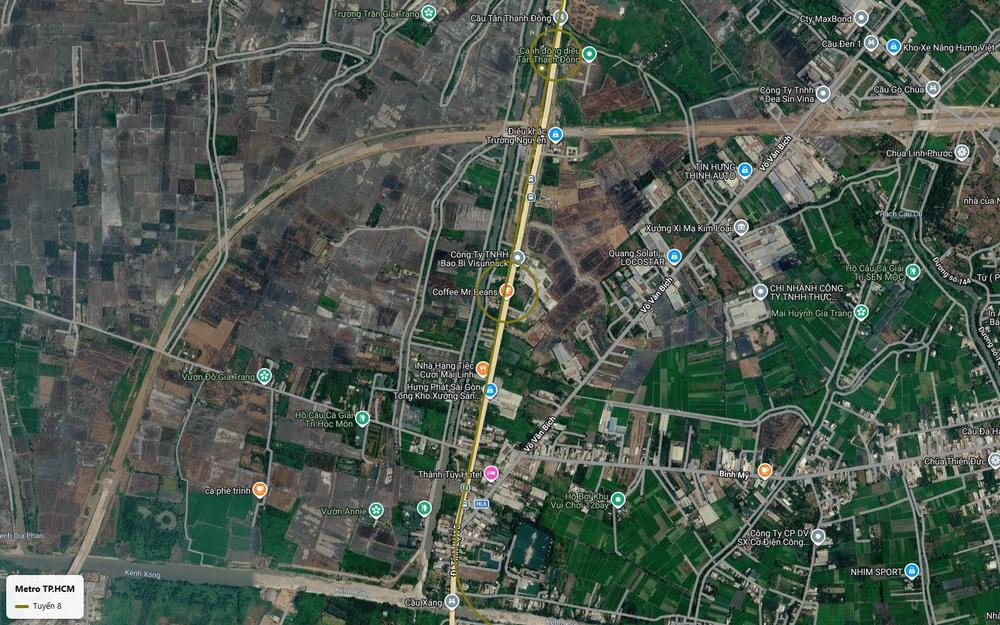 Ảnh vệ tinh đoạn cuối Củ Chi tuyến metro số 8 dọc Tỉnh lộ 15 gần Công ty bao bì Visunpack hướng kênh Xáng