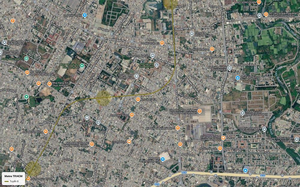 Ảnh vệ tinh tuyến metro số 8 rẽ chéo qua phường Hiệp Thành Quận 12 gần THPT Võ Trường Toản và Quốc lộ 1A
