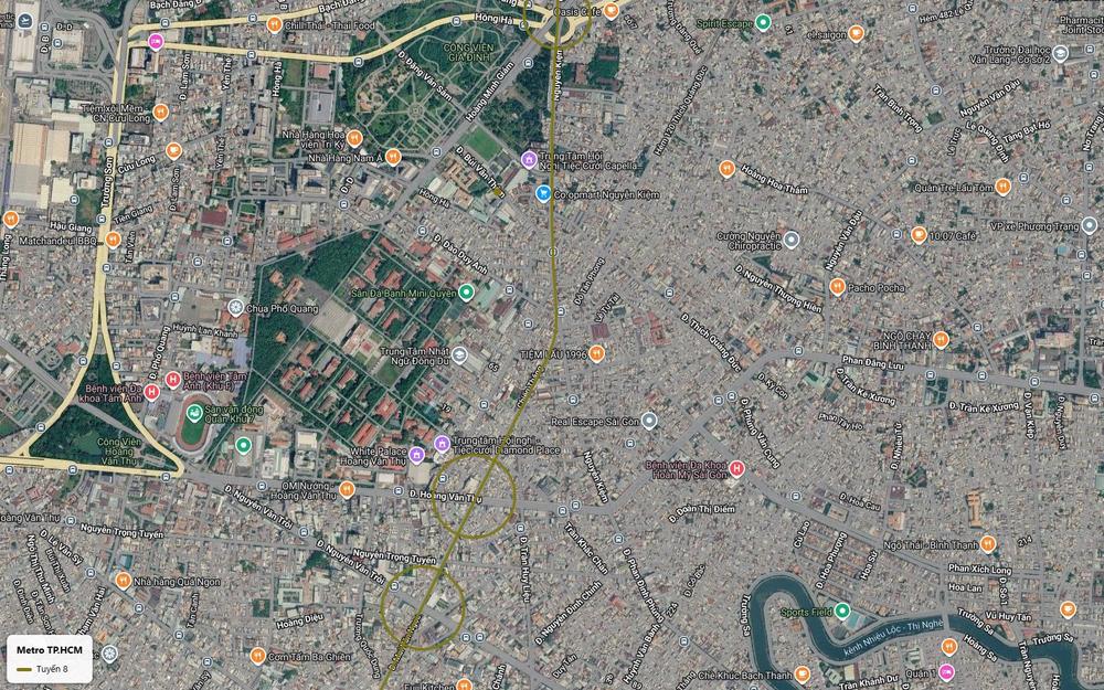 Ảnh vệ tinh tuyến metro số 8 qua chùa Phổ Quang sân vận động Quân khu 7 tới Hoàng Văn Thụ và Nguyễn Văn Trỗi